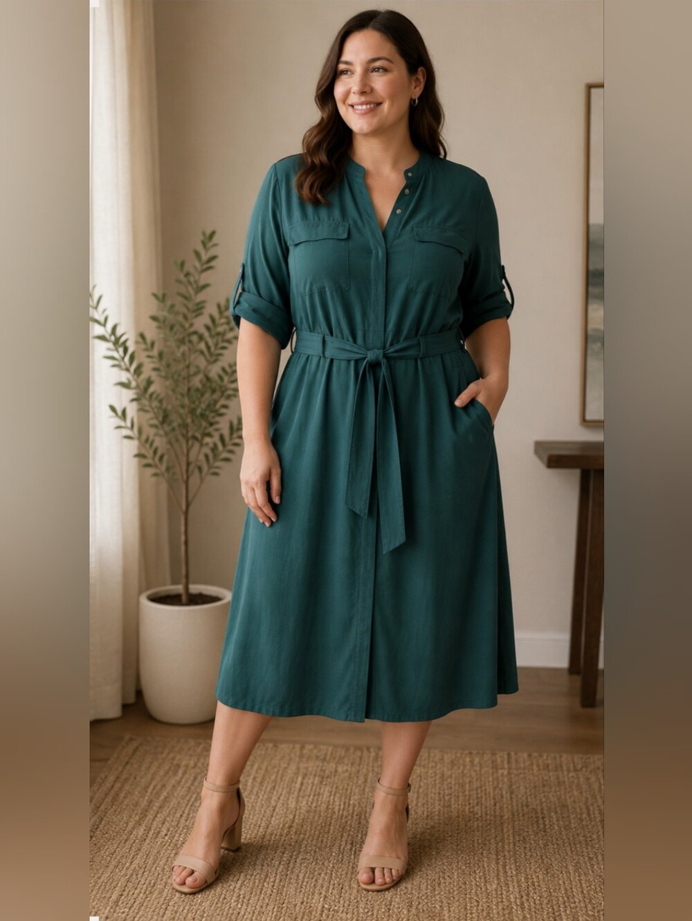 Calvin Klein Teal Green Utility Midi Shirt Dress with Tie Belt